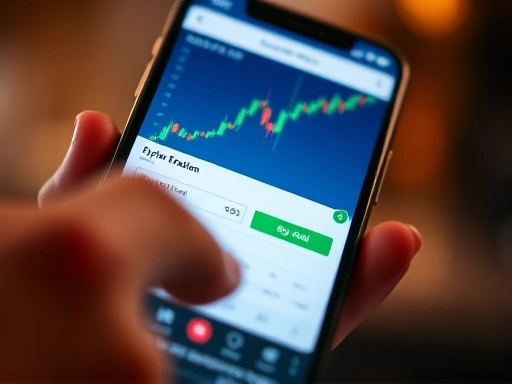 스마트폰 화면에 암호화폐 거래 앱이 열려 있고, 사용자가 매수 또는 매도 버튼을 누르려는 순간