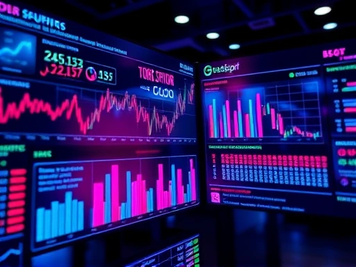 디지털 인터페이스, 다채로운 색상의 데이터 시각화, 금융 거래 화면, 현대적인 기술 및 분석적 분위기