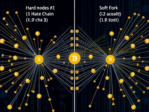 블록체인 네트워크의 노드들이 하드포크와 소프트포크를 통해 업데이트되는 과정을 보여주는 이미지