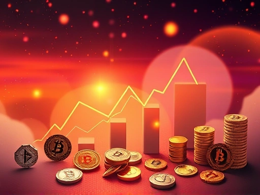 다양한 암호화폐와 투자 그래프가 있는 추상적인 배경