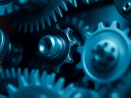 정밀하게 조정된 분할을 강조하는 복잡한 메커니즘을 보여주는 클로즈업 기어 세트, 기술적 정확성과 균형 잡힌 금융 전략의 개념을 전달하기 위해 차가운 톤과 정밀한 조명을 사용하는 두 번째 이미지