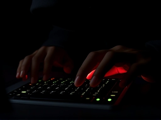 키보드에 집중하는 해커의 손을 클로즈업한 이미지