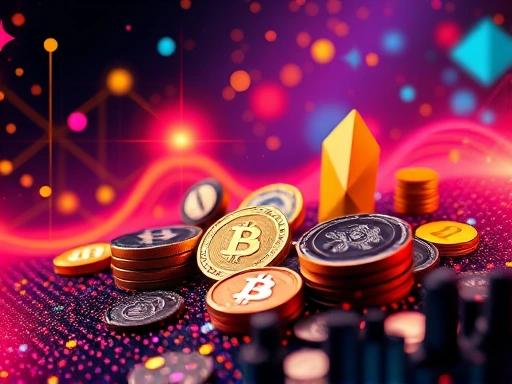 다양한 암호화폐를 보여주는 추상적인 배경, 강렬한 색상과 미래지향적인 스타일을 사용하여 흥분과 혁신의 분위기