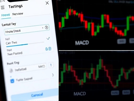 RSI와 MACD 지표 설정을 클로즈업하여 보여주고, 차트 분석 도구 사용법을 강조하는 이미지