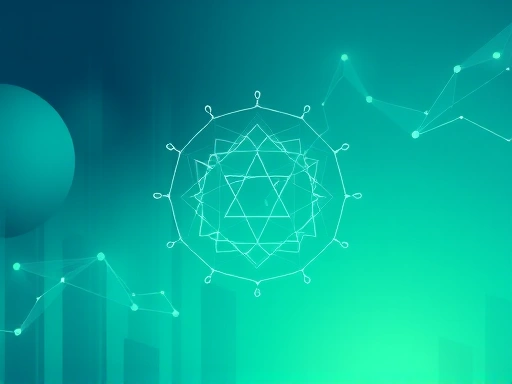 카르다노 블록체인의 핵심 구성 요소를 보여주는 추상적인 디자인, 푸른색과 녹색의 차분한 색조를 사용하여 안정감과 신뢰성을 강조하고, 미래 지향적인 느낌을 더합니다.