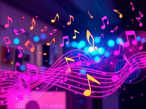 다채로운 색감과 역동적인 붓터치로 표현된 추상적인 음표들이 디지털 공간에 흩뿌려져 음악 NFT의 혁신적인 분위기