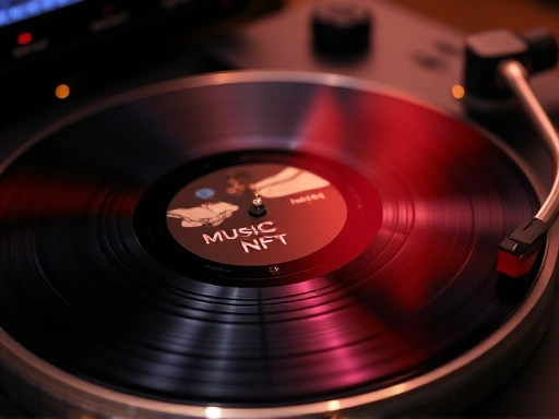 클로즈업된 턴테이블 위에 놓인 음악 NFT 앨범 커버는 홀로그램처럼 빛나며, 앨범 제목과 아티스트 이름이 선명하게 드러납니다.
