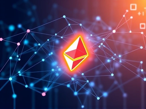 밝은 배경에 빛나는 이더리움 로고가 있는 추상적인 미래형 블록체인 네트워크를 보여주는 이미지