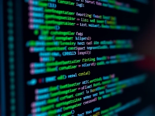 디지털 인터페이스에 스마트 컨트랙트 코드가 표시된 클로즈업으로, 복잡한 코딩과 데이터 처리를 강조하고 미묘한 조명으로 세부 사항을 강조합니다.