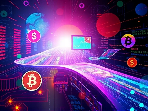 분주한 인도 시장에서 디지털 통화가 두드러지게 강조된 추상적인 표현으로 활기차고 빠르게 진화하는 암호화폐 환경을 보여줍니다.