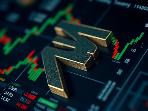 복잡한 금융 차트와 겹쳐진 인도 루피 기호의 클로즈업을 통해 인도 경제 내에서 암호화폐의 복잡한 상호 작용을 보여줍니다.