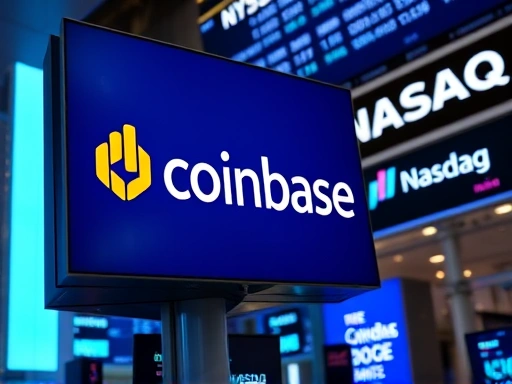 나스닥 거래소에서 코인베이스 로고가 표시된 스크린과 거래자들이 지켜보는 역동적인 장면