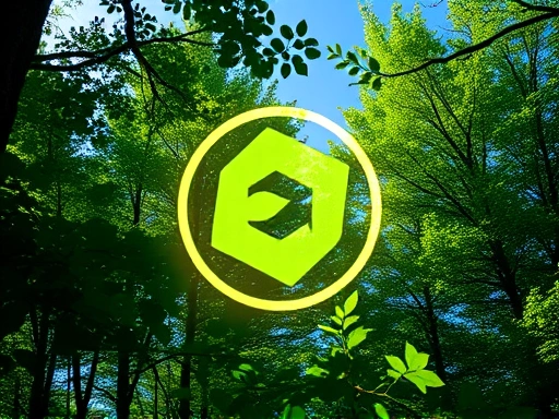 녹색 잎이 무성한 나무가 우거진 숲과 푸른 하늘을 배경으로 한 친환경 암호화폐 로고가 빛나는 장면