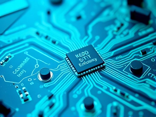 친환경 기술 회로 기판의 클로즈업 샷, 추상적인 녹색 에너지 흐름을 나타내는 에너지 효율적인 칩과 상호 연결된 경로를 강조함.