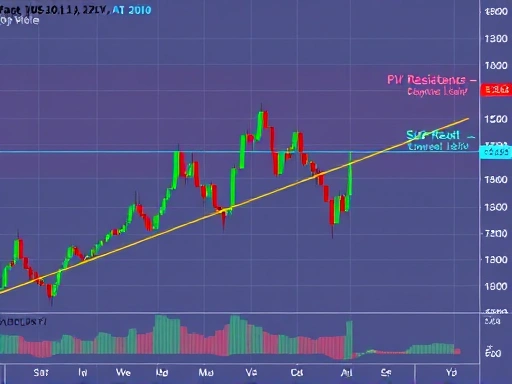 암호화폐 차트에서 피보나치 되돌림 도구를 사용하여 지지선과 저항선을 시각적으로 표시하고, 밝은 색상과 명확한 선을 사용하여 중요한 가격 수준을 강조하는 첫 번째 이미지