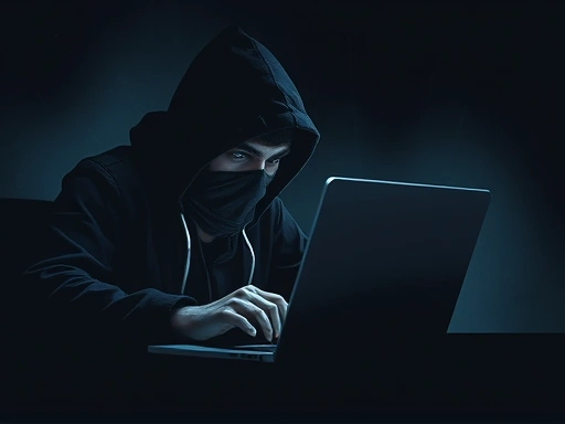 해커가 노트북 앞에서 악성 코드를 사용하여 정보를 훔치는 사이버 공격의 개념을 묘사하는 고대비 일러스트레이션.