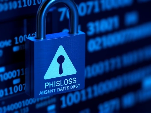 경고 표시와 데이터 손실의 위험을 상징하는 바이너리 코드가 있는 자물쇠가 강조된 피싱 시도의 세부 클로즈업.