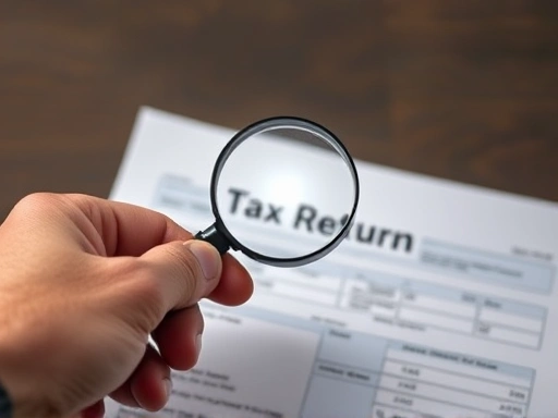 돋보기로 세금 보고서를 확대하여 분석하는 손 이미지