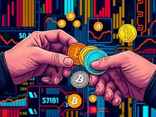 다양한 가상화폐를 거래하는 손, 화려한 색상과 세밀한 묘사로 복잡한 금융 거래의 역동성을 나타내는 이미지