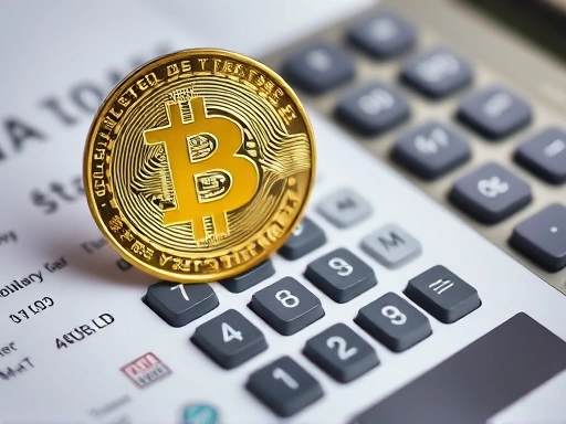 세금 계산기 위에 놓인 가상화폐, 집중 조명과 매크로 렌즈를 사용하여 세금 문제의 복잡성과 중요성을 강조하는 이미지