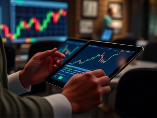 DeFi 거래를 위해 태블릿과 차트를 사용하는 모습