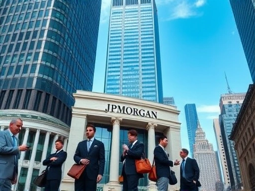 JP모건 본사 건물 앞에서, 암호화폐 시장 분석을 위해 분주하게 움직이는 금융 전문가들의 모습