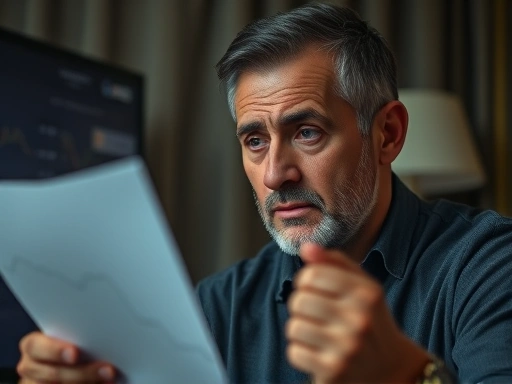 한 중년 남성이 비트코인 차트를 주의 깊게 바라보며 복잡한 감정을 느끼는 모습