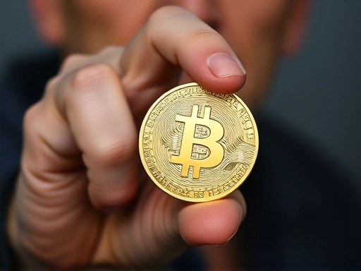 비트코인 로고가 새겨진 동전을 든 중년 남성의 손 클로즈업.