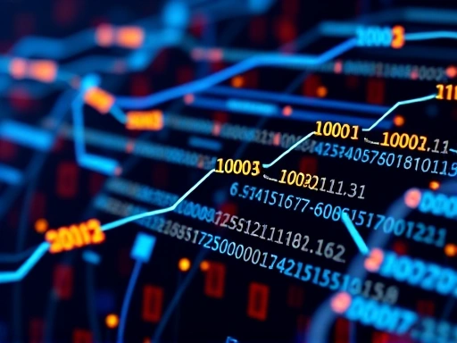 디지털 코드가 체인처럼 연결된 블록체인 네트워크의 추상적인 시각적 표현으로, 데이터 보안과 연결성을 강조하는 현대적인 스타일과 밝은 색상 팔레트 사용