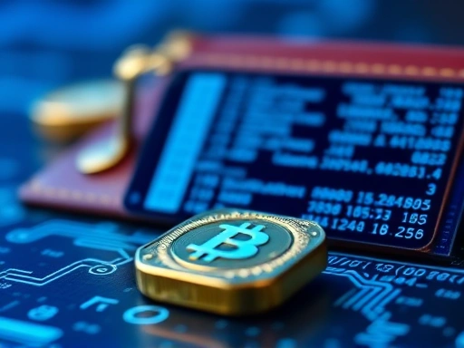 암호화폐 거래를 상징하는 디지털 지갑과 코드 블록의 클로즈업 샷