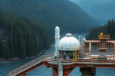 에너지 소비량이 높은 채굴 장비가 숲과 강을 배경으로 놓여 있습니다.