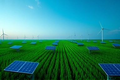 태양광 패널과 풍력 터빈이 있는 깨끗한 녹색 들판 위에 블록체인 네트워크가 떠 있는 모습