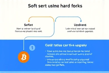소프트 포크와 하드 포크의 개념을 시각적으로 나타내는 인포그래픽으로, 각 업그레이드 방식의 차이점을 명확히 보여주며, 파란색과 주황색을 사용하여 가독성을 높이고 정보의 중요성을 강조하는 두 번째 이미지