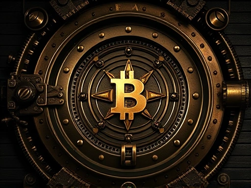 안전한 암호화폐 지갑을 강조하는 고대 금고 스타일의 디자인, 복잡한 메커니즘과 빛나는 금속 표면을 사용하여 신뢰와 보안의 분위기