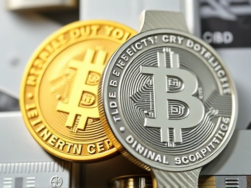 CBDC와 민간 암호화폐의 관계를 상징적으로 보여주는 클로즈업 이미지