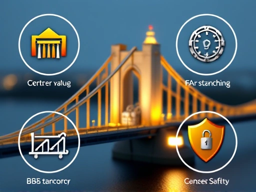 크로스체인 브릿지의 핵심 요소들을 상징하는 아이콘들의 클로즈업, 금색과 은색 조명을 사용하여 가치 교환과 안전성을 강조한 이미지