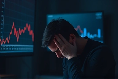 어두운 방에서 한 남자가 고개를 숙이고 좌절한 모습