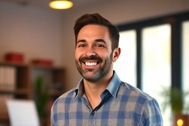 밝은 햇살이 비치는 사무실에서 한 남자가 미소를 지으며 재정 관리 계획을 세우는 모습