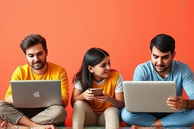 다양한 연령대의 사람들이 노트북과 스마트폰을 사용하여 암호화폐 투자 교육 프로그램에 참여하고 있으며, 밝은 색상과 현대적인 디자인이 특징입니다.