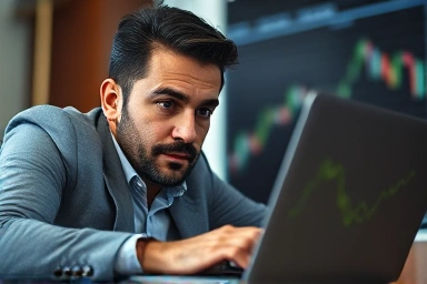 한 남성이 그래프와 차트가 표시된 노트북을 보면서 암호화폐 투자 교육 프로그램에 몰두하고 있으며, 분석적이고 진지한 분위기