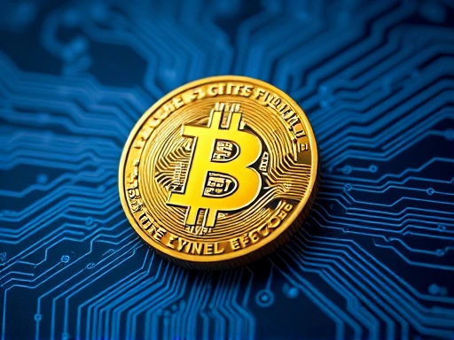 금색 비트코인 동전 위에 추상적인 스타일로 표현된 기술 회로망 이미지