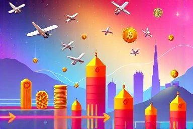 암호화폐를 에어드랍, 스테이킹, DeFi 참여, 화려한 색감과 역동적인 구성으로 암호화폐 시장의 활기를 표현하는 첫 번째 이미지