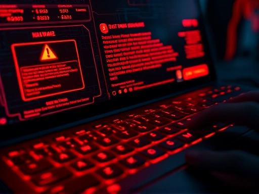 키보드를 해킹하려는 악성코드, 붉은색 경고와 사이버 공격 분위기
