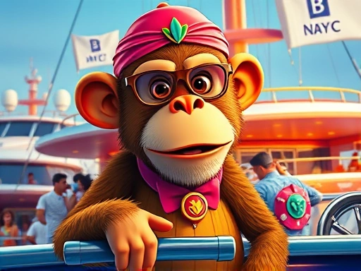 BAYC NFT의 다채로운 원숭이 캐릭터와 요트 클럽 배경을 보여주는 이미지