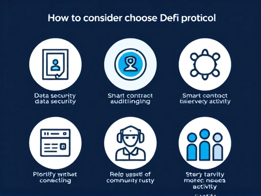 디파이 프로토콜 선택 시 고려해야 할 핵심 요소들을 아이콘으로 표현하여 시각적으로 강조합니다.