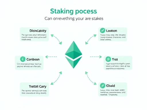밝은 배경의 이더리움 로고와 함께 스테이킹 과정을 시각적으로 보여주는 인포그래픽.