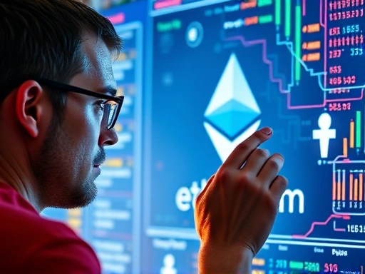 한 남자가 이더리움 로고가 있는 디지털 화면을 분석하고, 밝은 색상과 현대적인 디자인을 사용하여 기술적 분위기