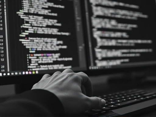 키보드와 모니터를 사용하여 코드를 검토하고 수정하는 개발자의 손을 클로즈업한 이미지