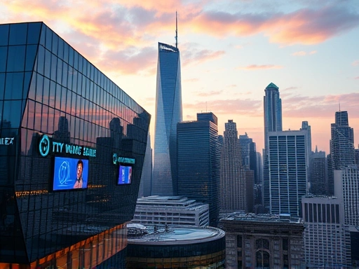 활기찬 도시 스카이라인을 배경으로 한 세련된 암호화폐 거래소, 현대적인 건축물과 디지털 디스플레이가 금융 혁신과 역동적인 분위기