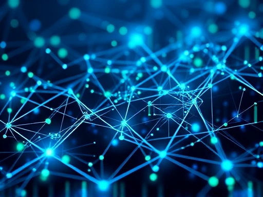 블록체인 네트워크를 추상적으로 표현한 복잡한 데이터 흐름과 연결성을 강조한 이미지